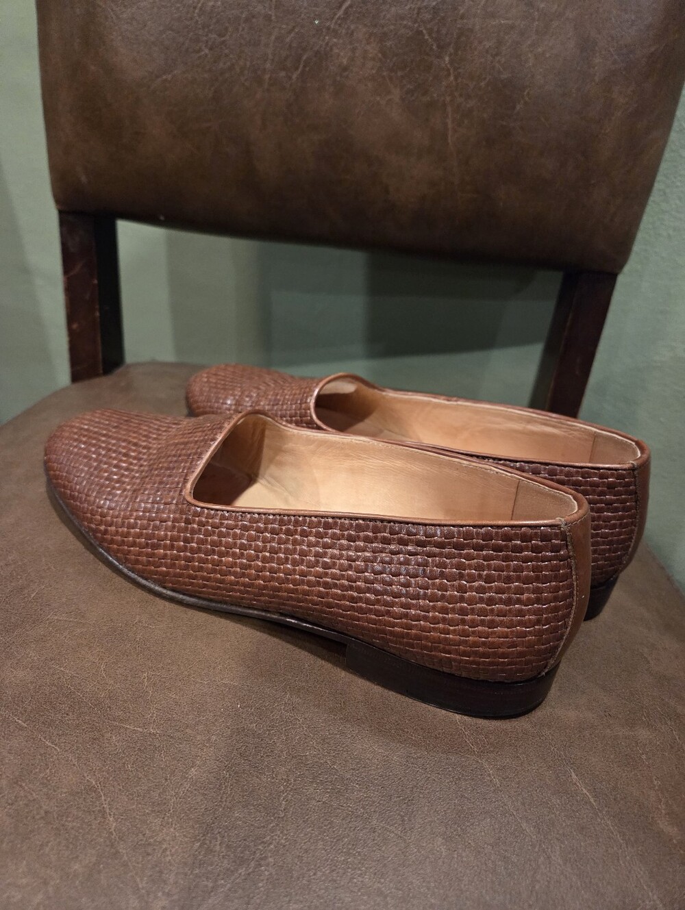 Vintage Mario Valentino Brown Woven Leather Slip-On Loafers